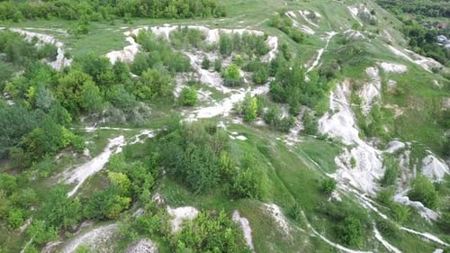 Aerial View of Chalk Mountains in Summer. Bird's Eye View of Hills with Green Vegetation.