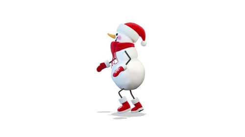 Schneemann geht und schaut sich auf weißem Hintergrund um