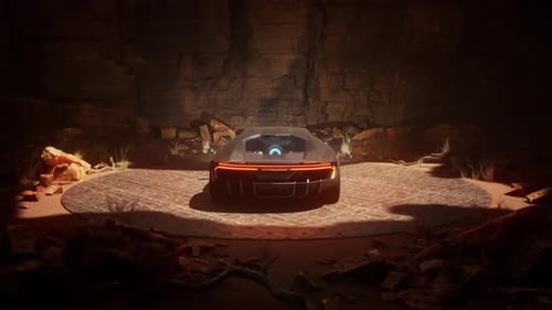 4k looped background with spinning car inside cave