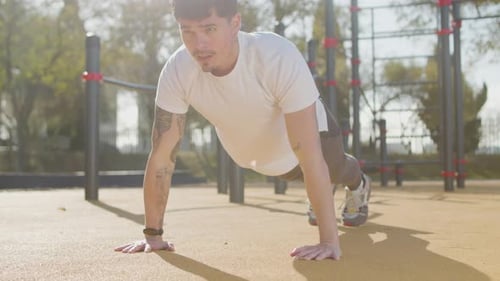 Young Adult Doing Push-Ups in Sunny Outdoor Gym