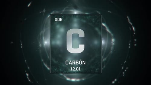 Carbon as Element 6 of the Periodic Table on Green Background Spanish Language