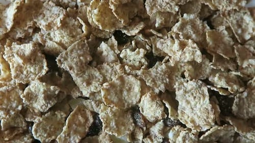 Close Up Corn Flakes Cereal and Raisins