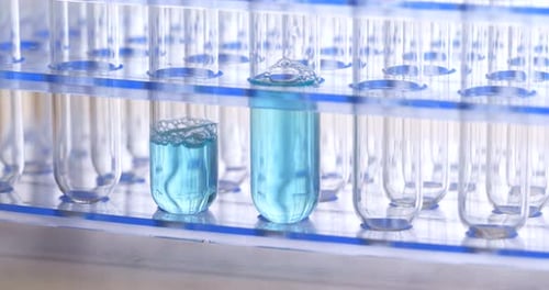 Bubbling Fluid in Test Tubes Rack in Lab