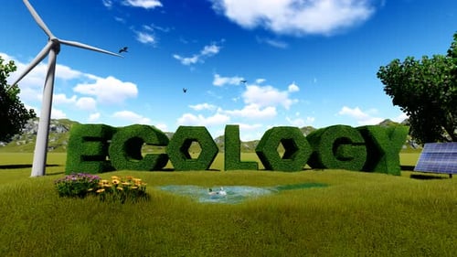 Ecology Word Animation with Green Hedges and Nature Elements