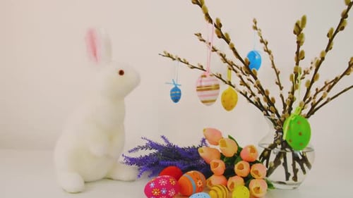 Easter Still Life with Bunny, Flowers and Eggs