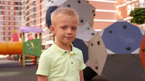 Portrait of a Little Fairhaired Boy on the Playground in the Courtyard