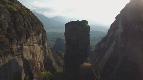 Flying over Meteora rock formations and monasteries in Greece