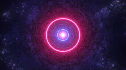 Abstract Neon Lights Rings Spin in Futuristic Sci-Fi Endless Tunnel - 4K