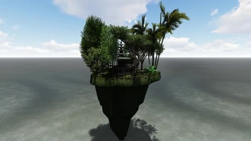 Animated Floating Island with Green Trees Rotating