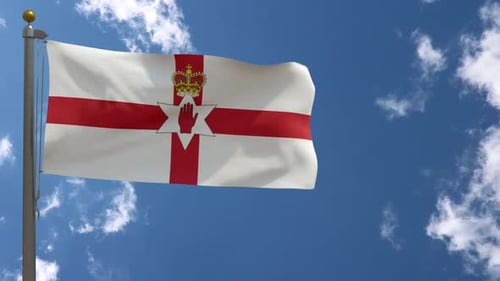 Northern Ireland Flag Waving on Blue Sky with White Clouds