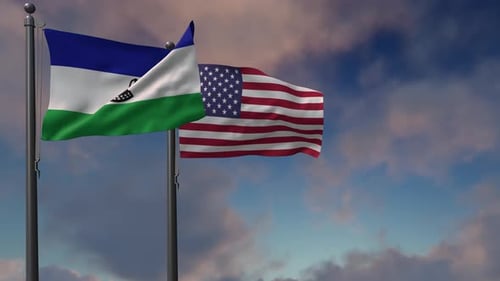 Lesotho Flag Waving Along With The National Flag Of The USA - 4K