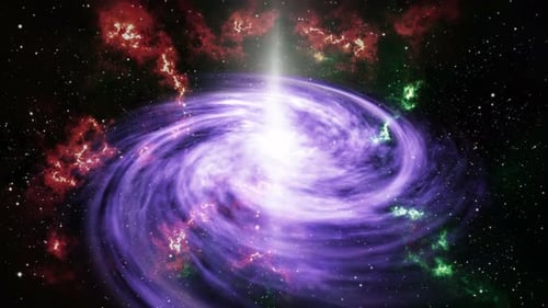 Violet spiral galaxy on star starlight red and green particle motion background