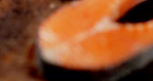 Close-up Fresh Raw Salmon Steak on Board