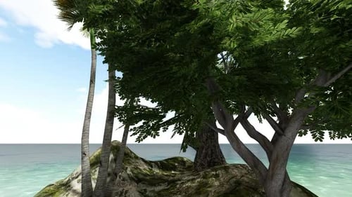 Animated 3D Floating Island with Green Trees over Ocean