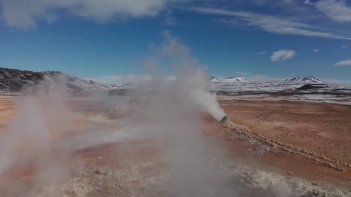 Aerial View of a Valley with Steaming Fumaroles. Iceland. Winter 2019
