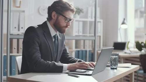 Young Handsome Businessman Working on Laptop in the Office