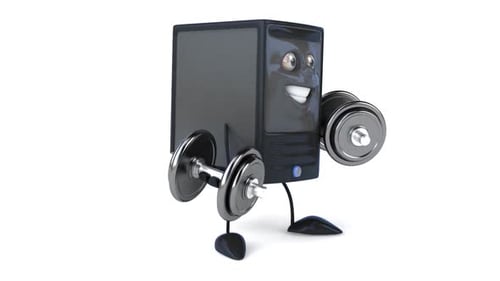 Cartoon Computer Tower Lifts Dumbbells for Fitness Animation