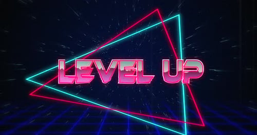 Retro Level Up text glitching over blue and red triangles on white hyperspace effect