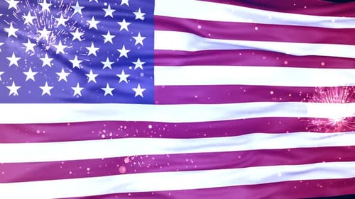 Fourth of July Waving American Flag with Festive Fireworks