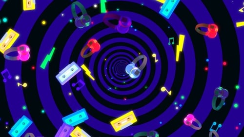 Neon Music Elements Flying Through Hypnotic Tunnel Loop