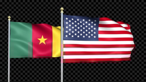 Cameroon and United States Flags Waving on Poles