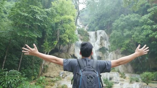 Person Enjoys Tropical Waterfall in Lush Setting