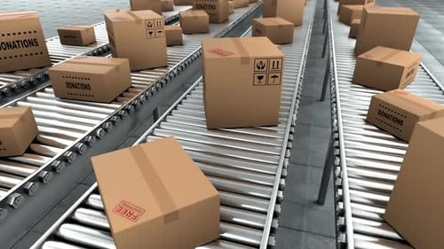 Donation in the Cardboard Boxes Which Moving on Conveyor Belt Seamless Loop