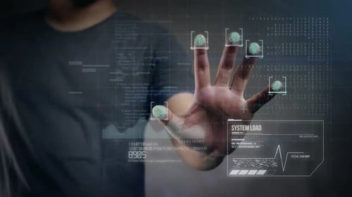 Man Scanning Fingerprint to Access Data. Future Digital World Concept