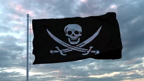 Waving Pirate Flag on Pole Against Cloudy Sky