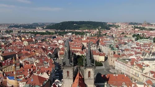 Aerial view of The Church of Mother of God before Tyn in Prague, Czech Republic