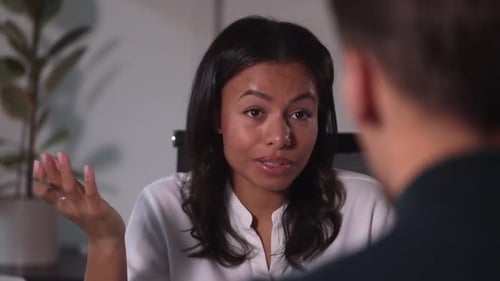Closeup Woman Face Sit in Office Chair and Talk to Colleague During Break Spbi