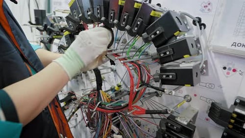 Factory Worker Assembling and Taping Electrical Wiring
