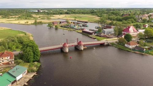 Aerial view of the old bridge in Polessk town, Kaliningrad region, Russia