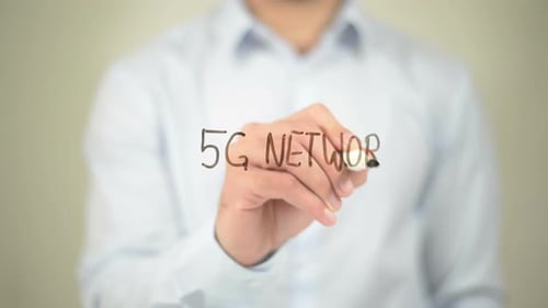 5G Network, Businessman Writing on Transparent Screen