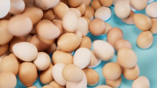 A pile of eggs on a blue pastel background. A huge number of eggs spilling out.