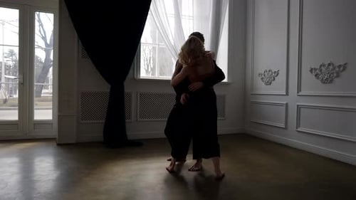 Contemporary Choreography Two Young Dancers are Rehearsing in Dance Hall Love and Passion