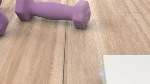 Two Dumbbells on the Floor and Weight Loss Concept with Weighing on the Scales 4k