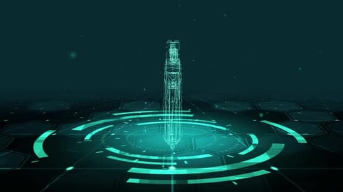 Futuristic Wireframe Pistol Rotation on Digital HUD Display