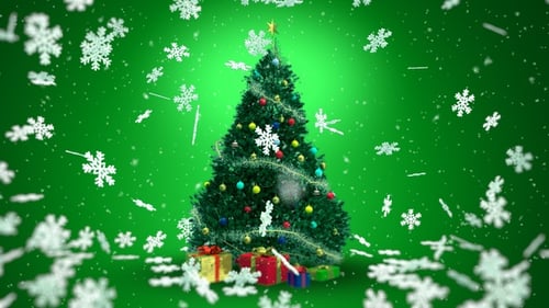 Animated Christmas Tree with Falling Snow and Gifts Background