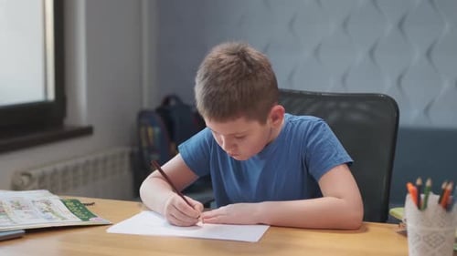 Boy Writes With Pencil at Desk Indoors