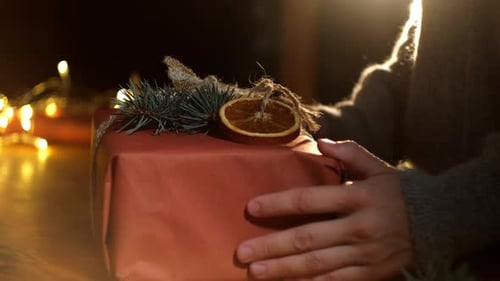 Christmas Gift Decorated with Dried Orange and Pine