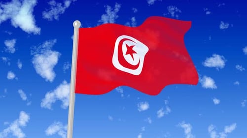 Tunisia Flag Waving Against Blue Sky with Clouds