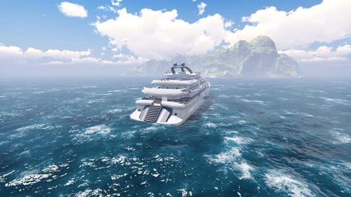 Luxury Yacht Cruising on Beautiful Blue Ocean Near Tropical Island