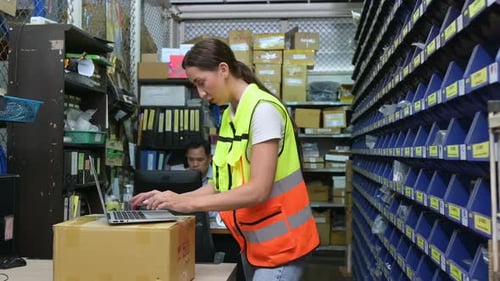 Responsable d'entrepôt et employée d'entrepôt comptant les petites pièces stockées
