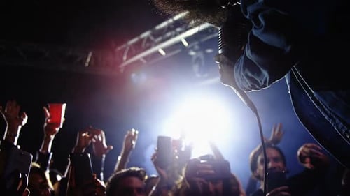 Gruppe von Leuten, die tanzen, während Sänger bei einem Konzert auftreten 4k