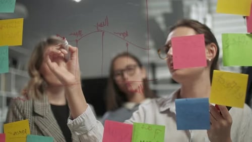 Young Adults Collaborate at Glass Whiteboard in Office