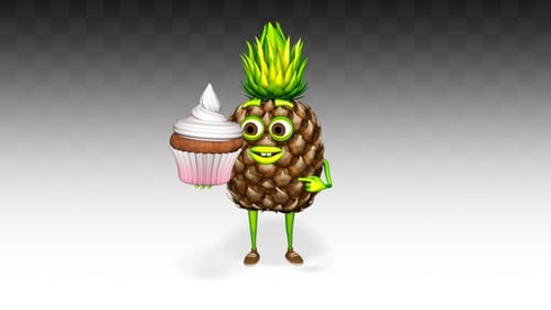 3D Animated Pineapple Character Winking with a Cupcake