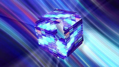 Futuristisch leuchtender Würfel auf gestreiftem Hintergrund