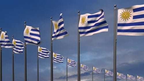 Uruguay National Flags Waving Against Blue Sky