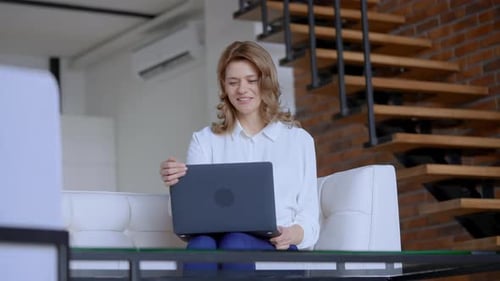 Cheerful Female Close Laptop